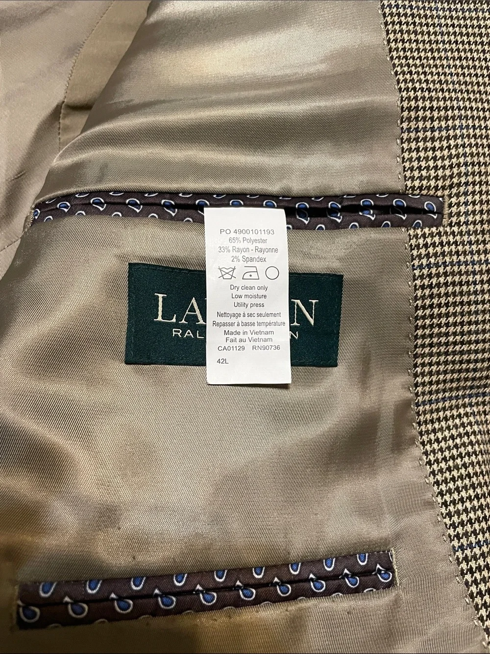 Men's Lauren Ralph Lauren 42L Houndstooth Blazer Sport Coat Suit Jacket